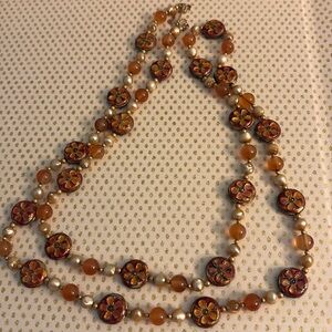 Amber/Caramel Colored Flower & Pearl Handcrafted Necklace